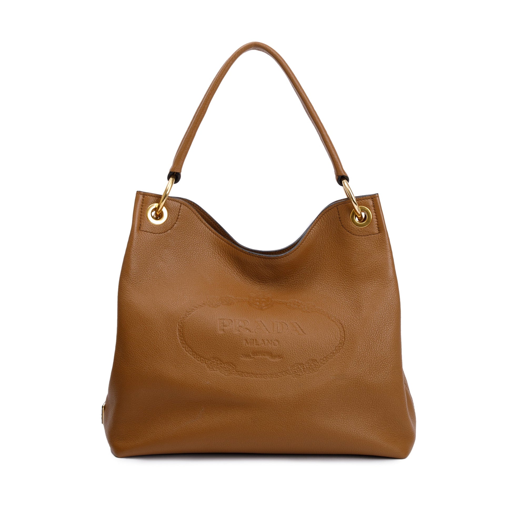 Prada Brown Vitello Daino Medium Logo Hobo Bag