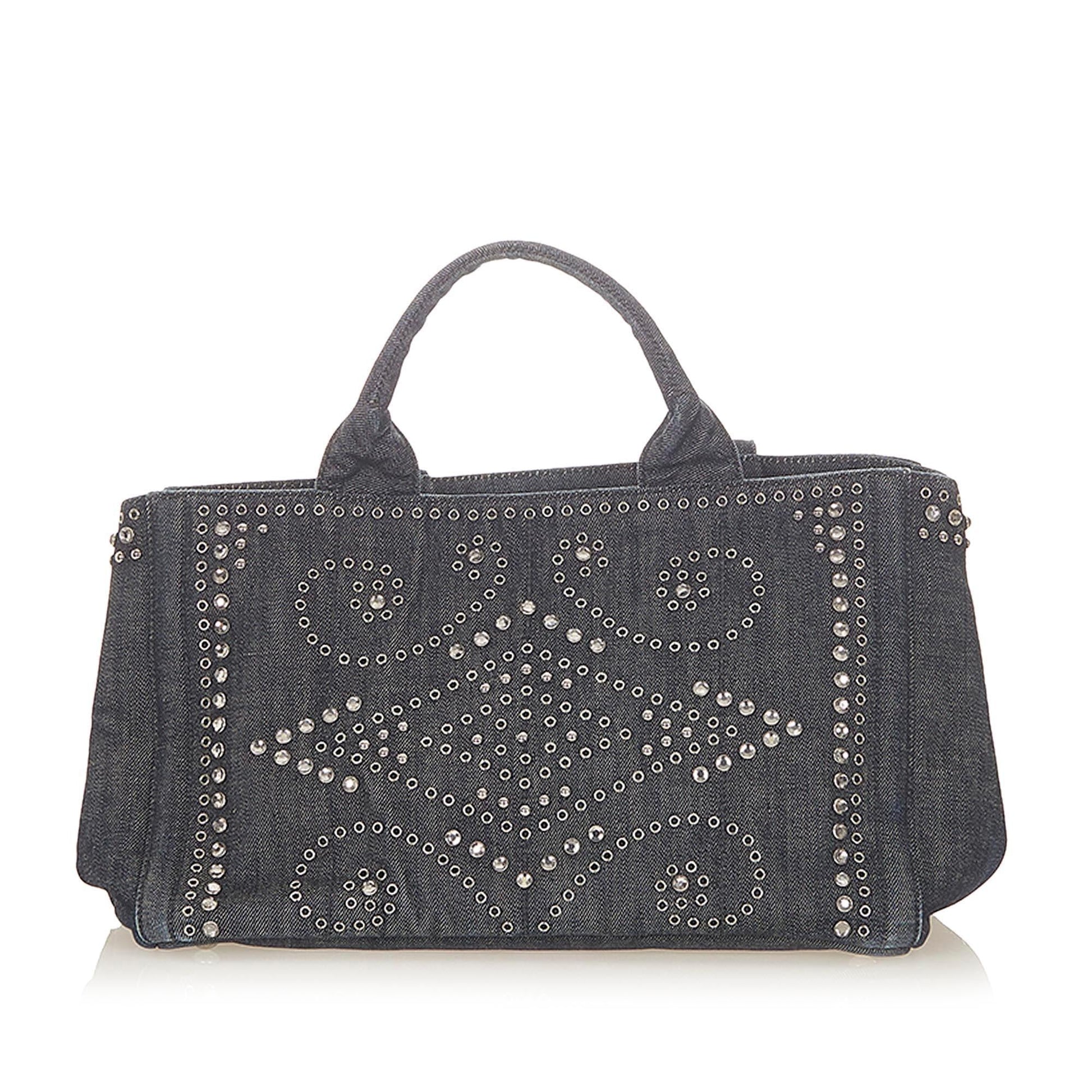 Prada Canapa Studded Denim Tote Bag ( )
