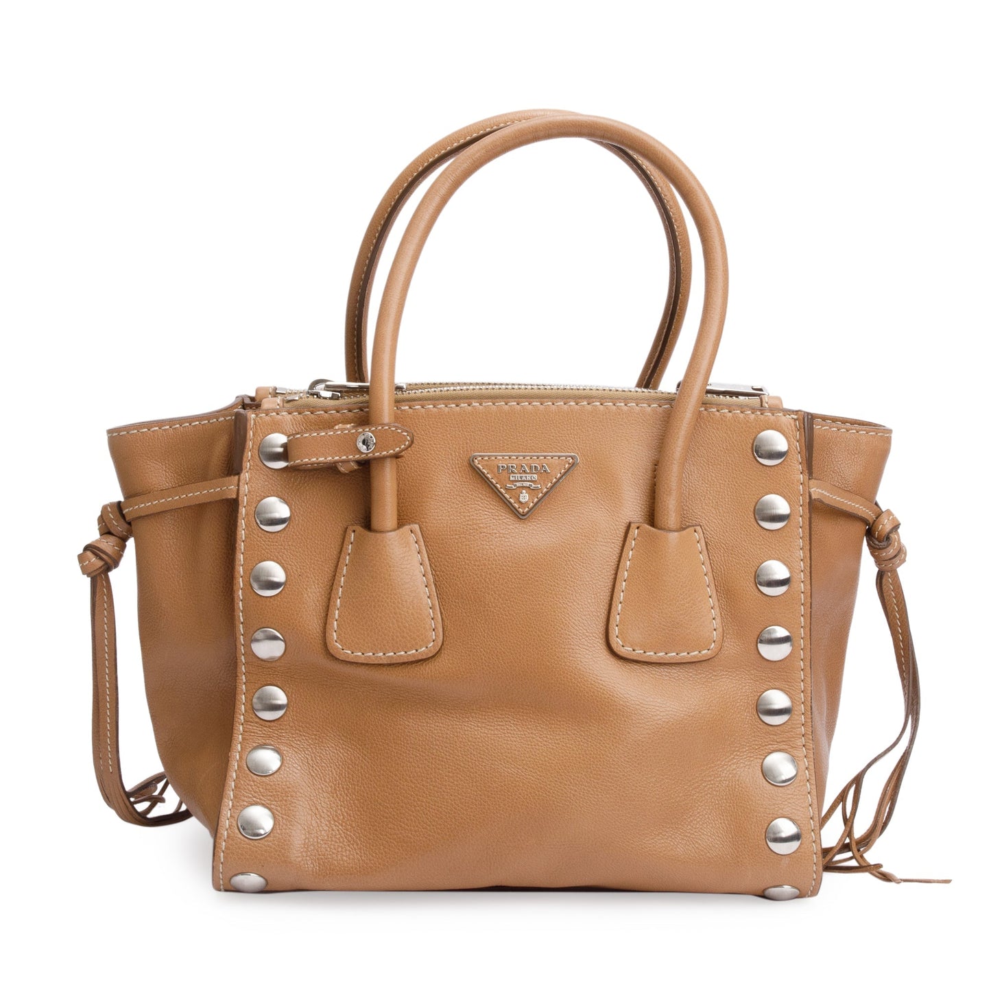 Prada Caramel Glace Calf Studded Twin Pocket Tote