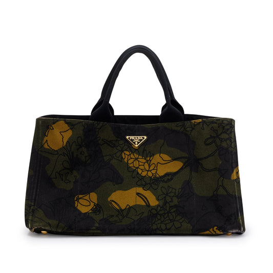 Prada Large Green Printed Canapa Canvas Tote
