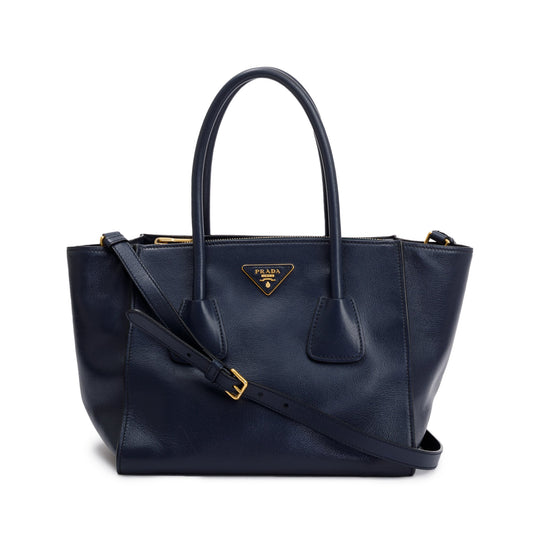 Prada Navy City Calf Small Twin Pocket Tote
