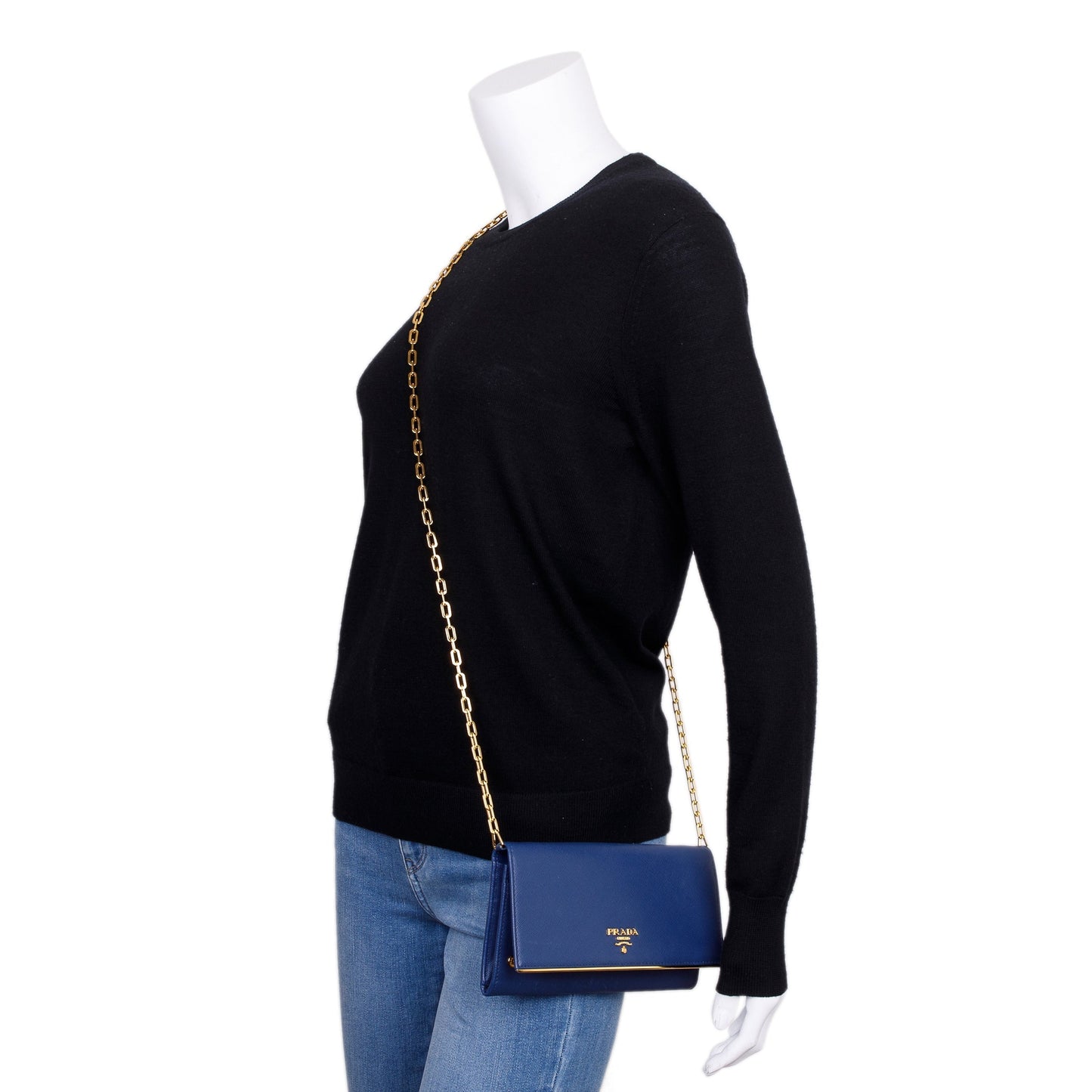 Prada Navy Saffiano Metal Wallet on Chain