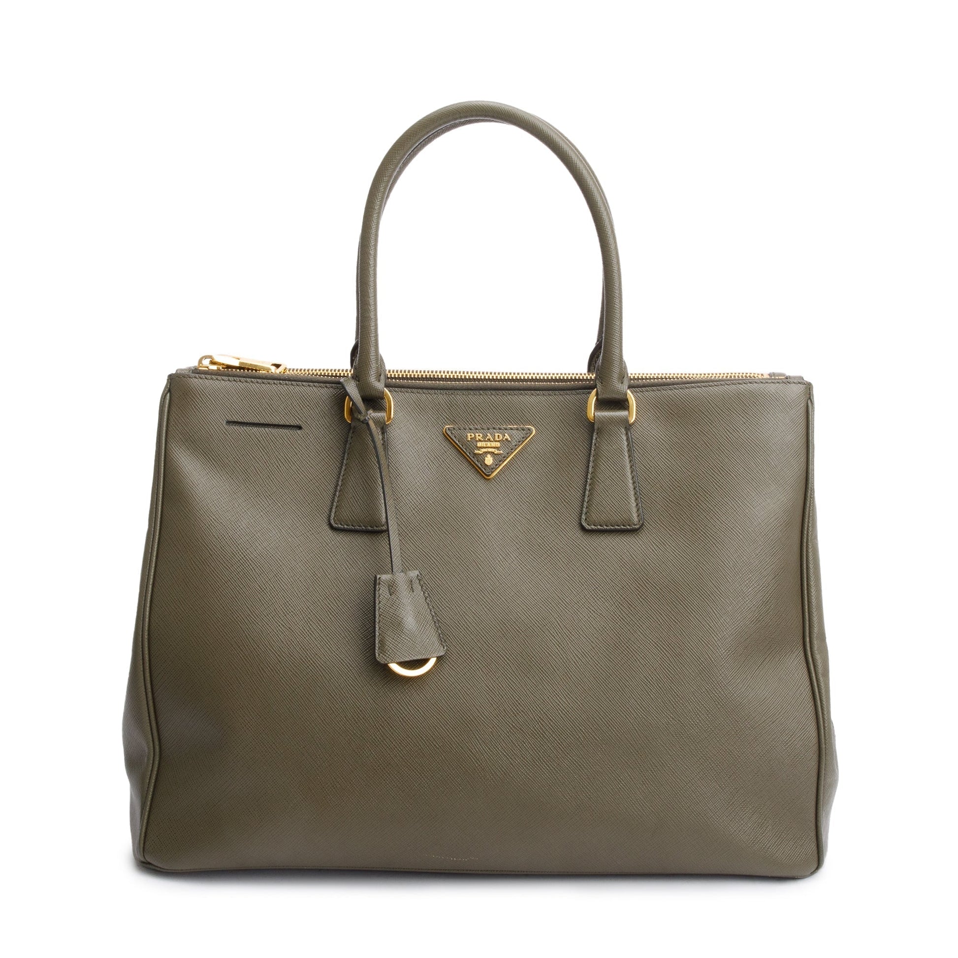 Prada Olive Green Saffiano Lux Large Double Zip Galleria Tote