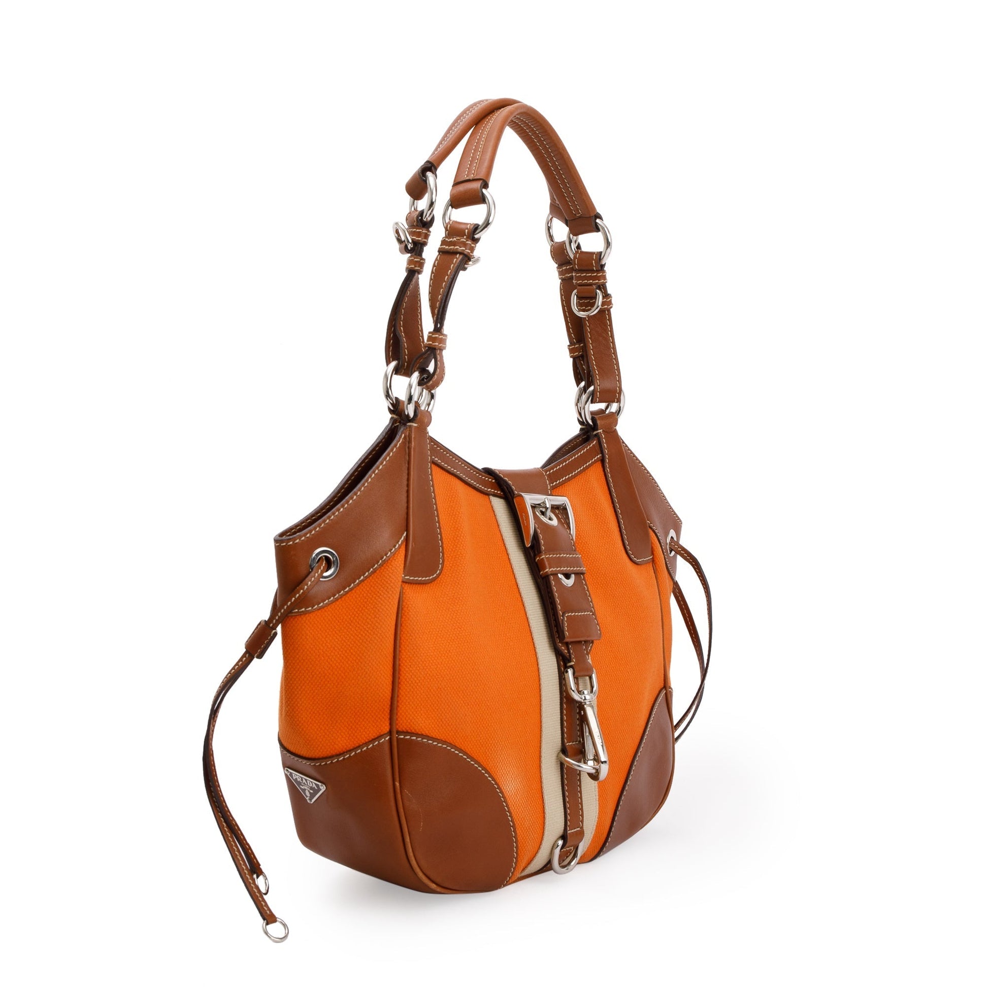 Prada Orange Canapa Vitello Leather Darwstring Hobo