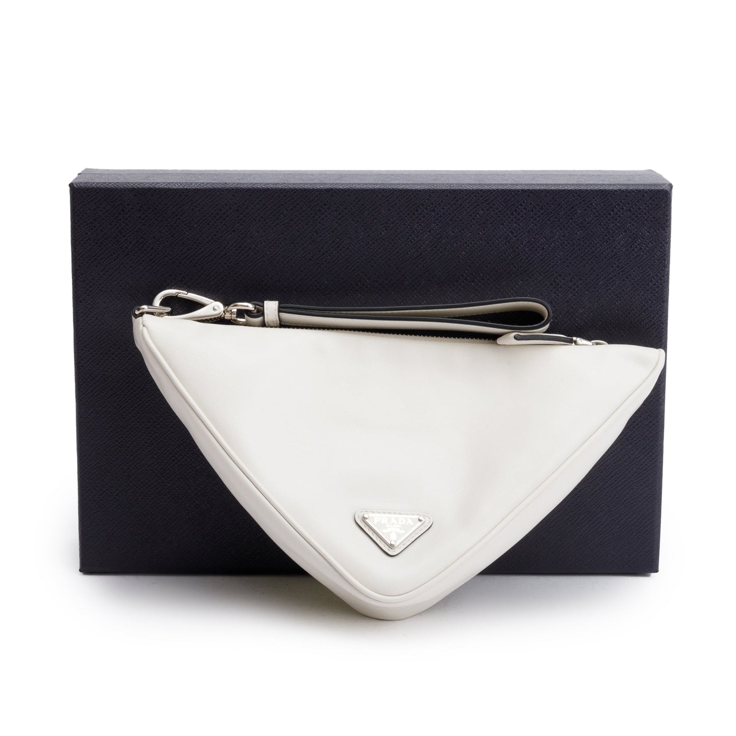 Prada White Grace Lux Leather Triangle Wristlet Clutch