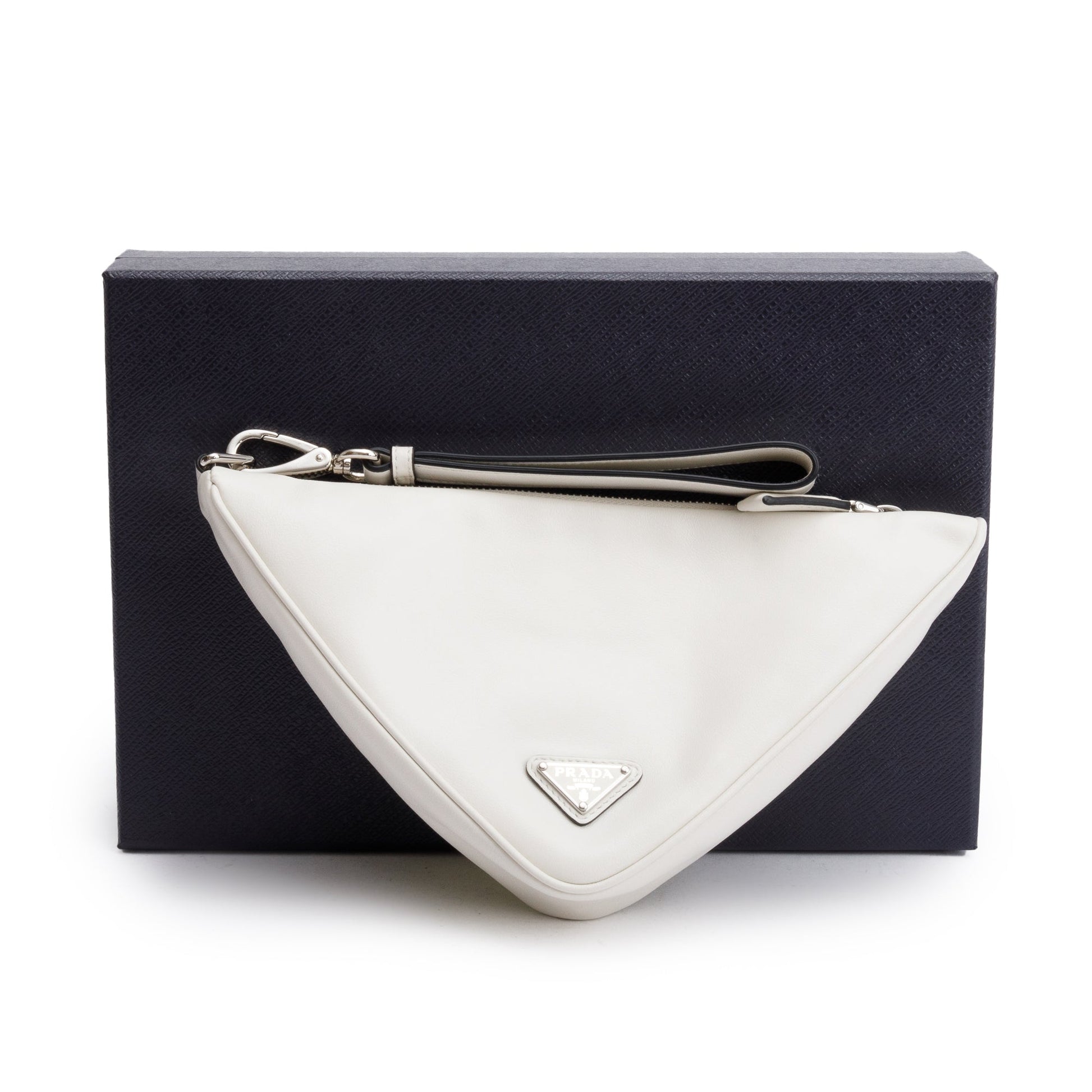 Prada White Grace Lux Leather Triangle Wristlet Clutch
