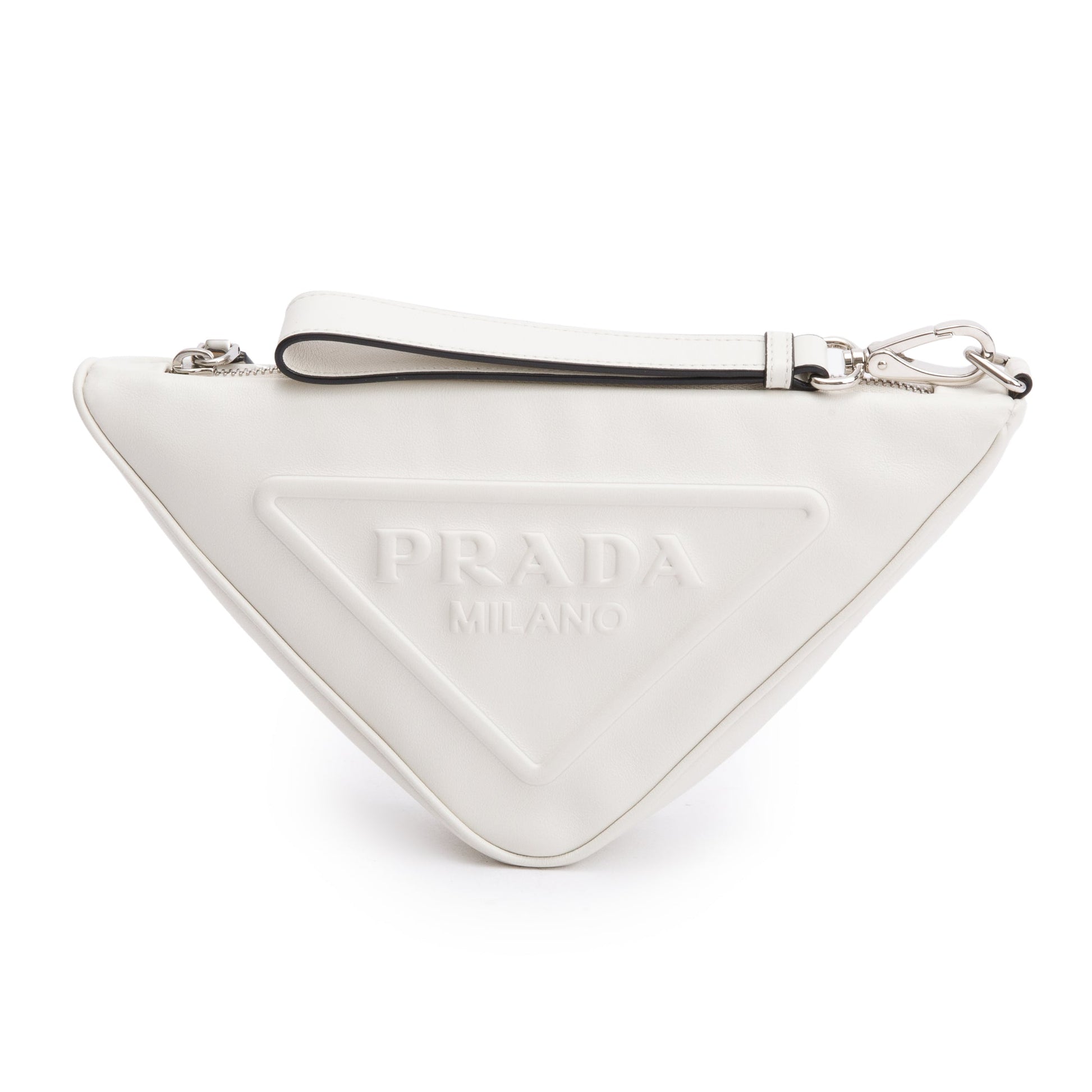 Prada White Grace Lux Leather Triangle Wristlet Clutch