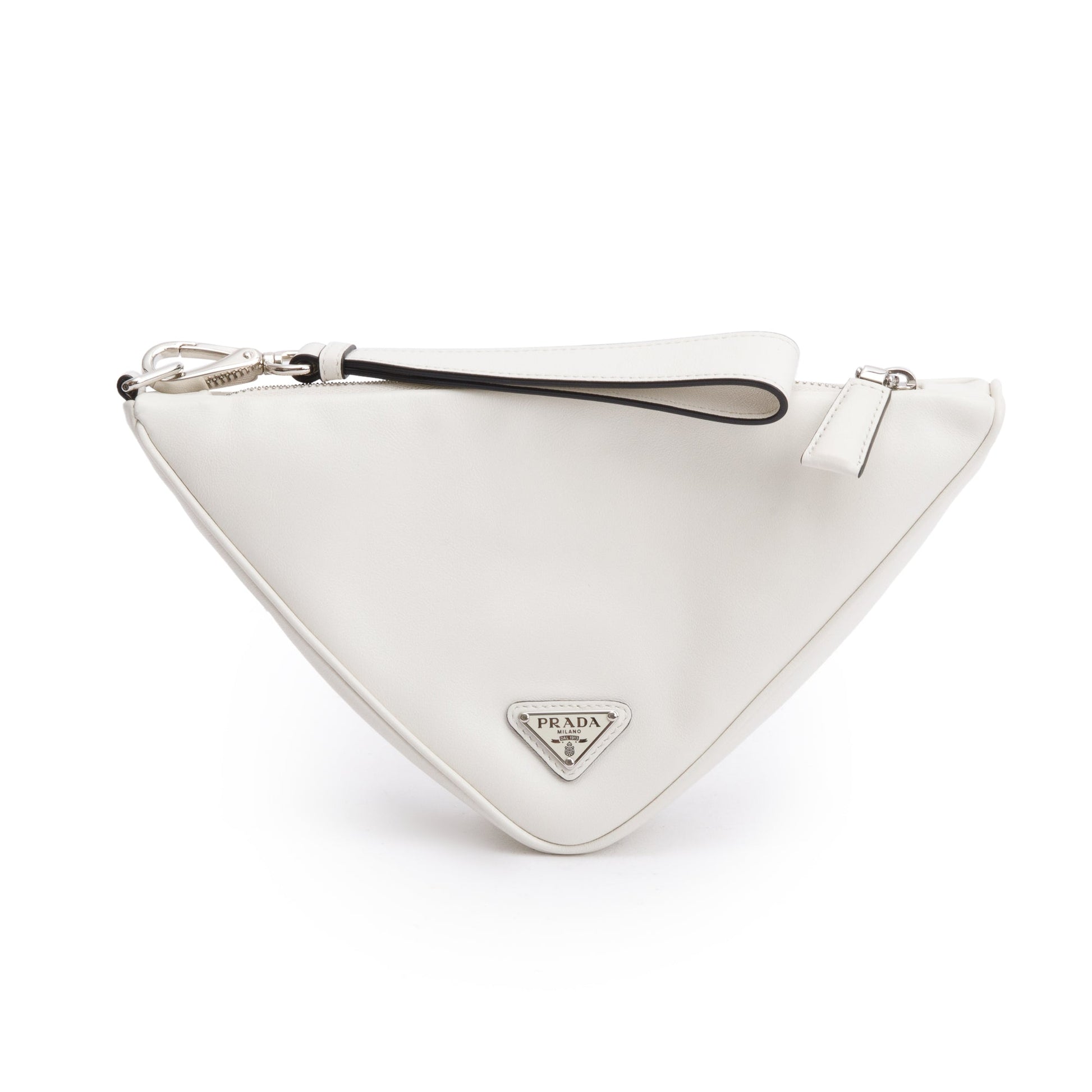 Prada White Grace Lux Leather Triangle Wristlet Clutch