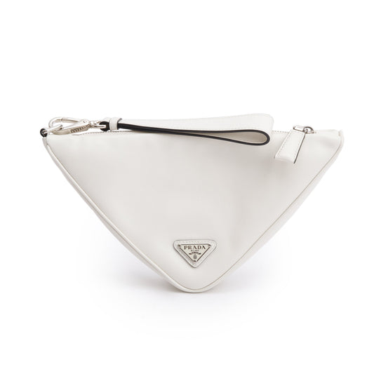 Prada White Grace Lux Leather Triangle Wristlet Clutch