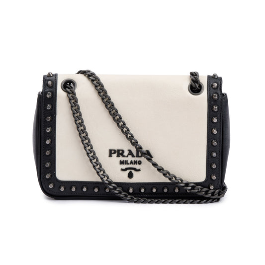 Prada White Leather Glace Studded Crossbody Bag
