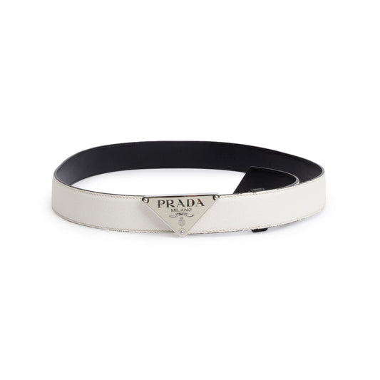 Prada White Saffiano Cuir Enamel Triangle Logo Buckle Belt 85, 34