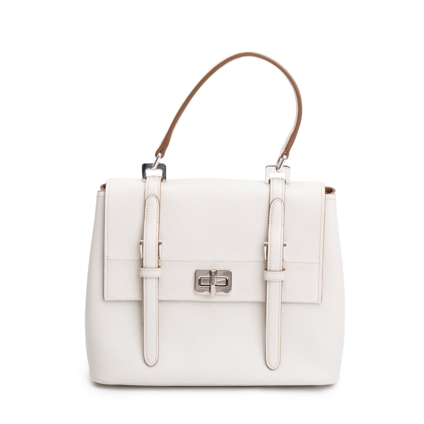 Prada White Saffiano Cuir Top Handle Bag