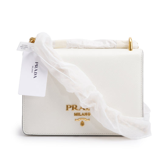 Prada White Saffiano Soft Calf Leather Chain Crossbody Bag