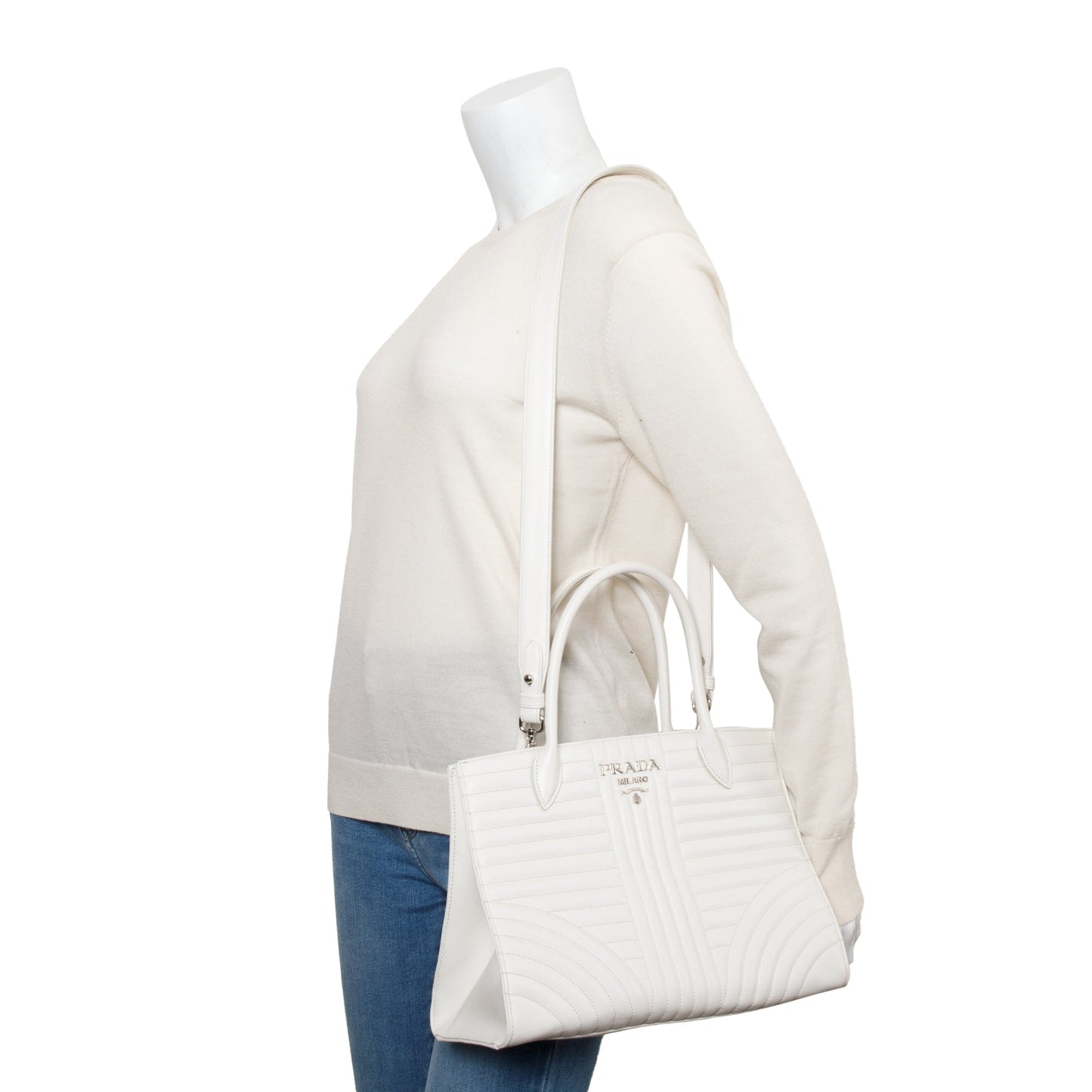 Prada White Soft Calf Impunture Diagramme Tote