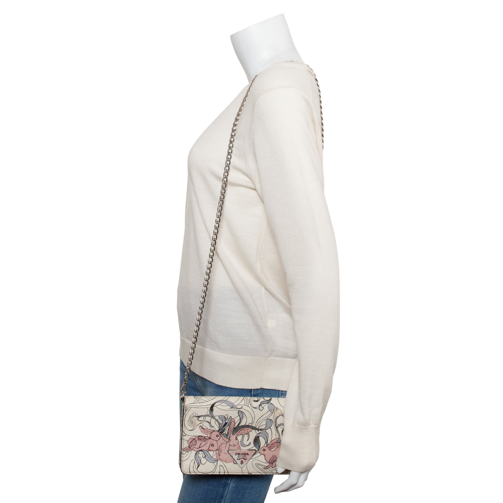 Prada X James Jean White Glace Calfskin Rabbit Print Wallet on Chain