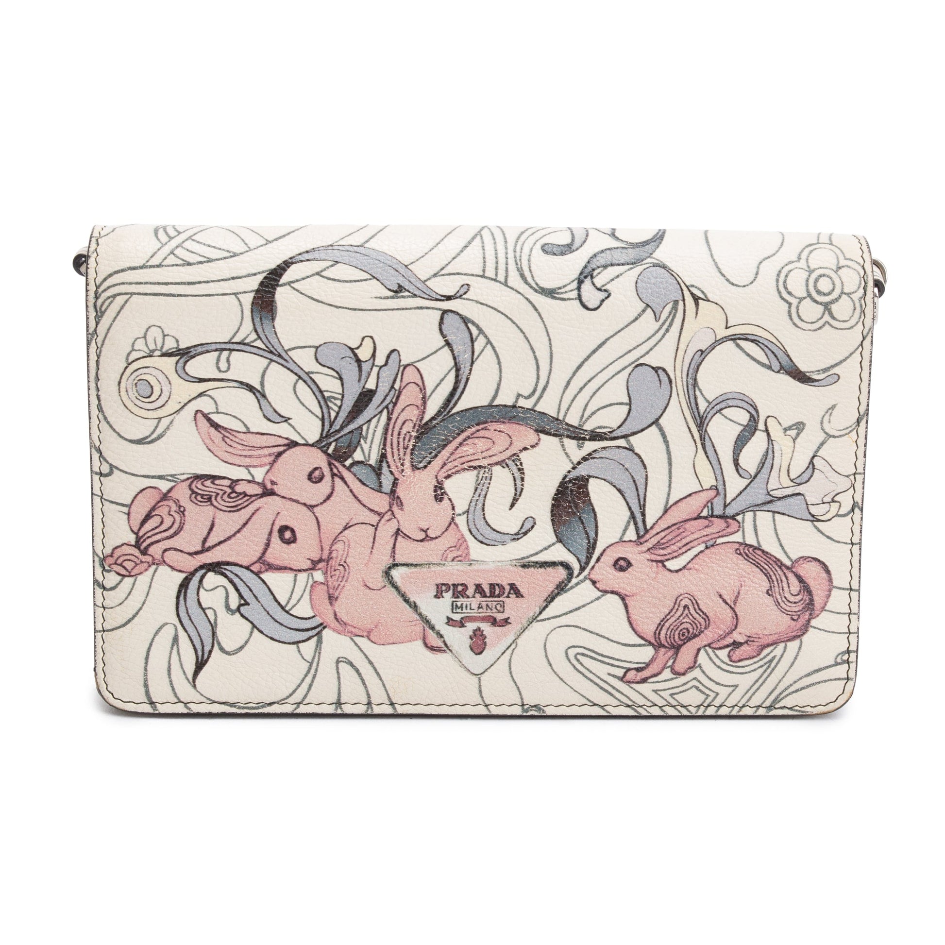 Prada X James Jean White Glace Calfskin Rabbit Print Wallet on Chain