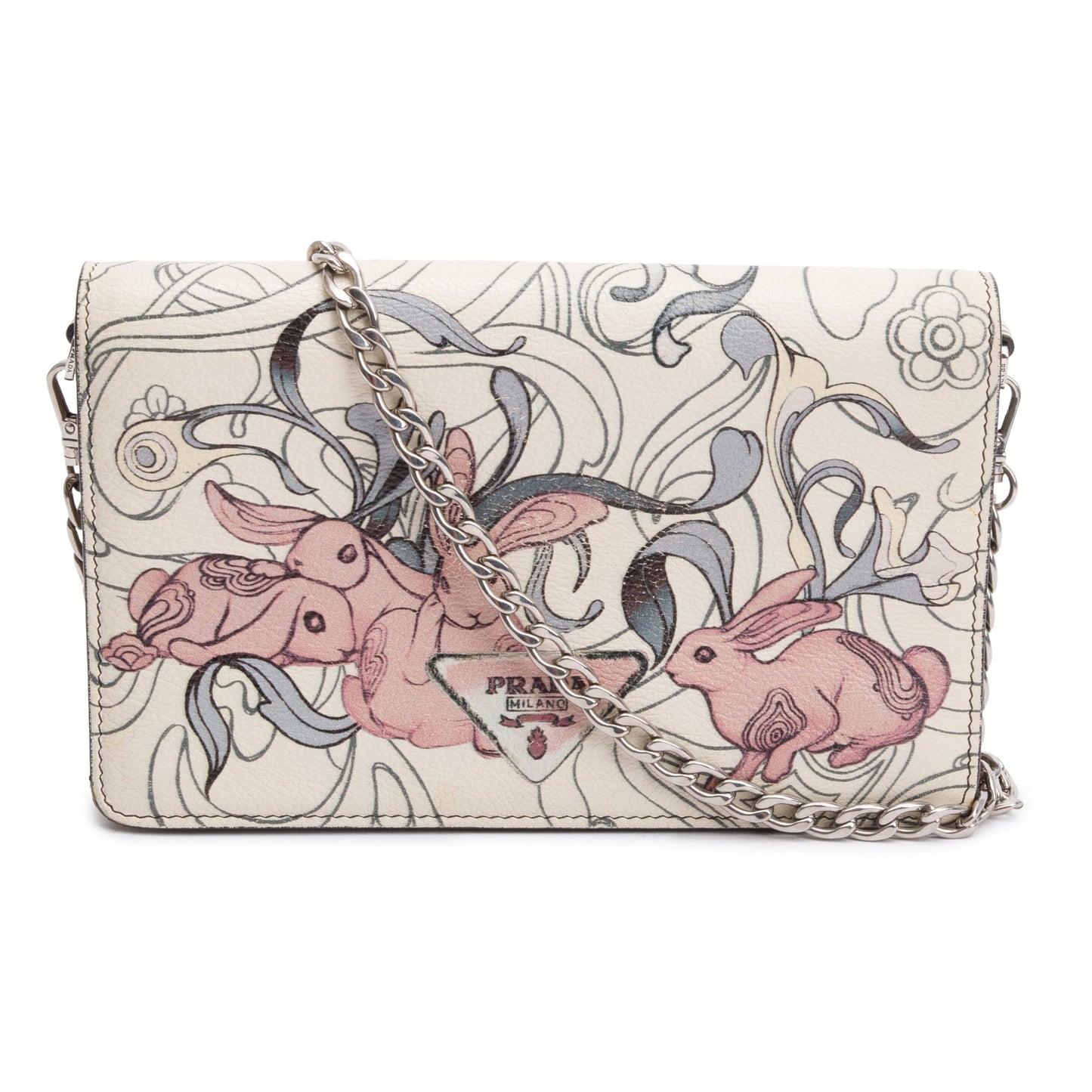 Prada X James Jean White Glace Calfskin Rabbit Print Wallet on Chain