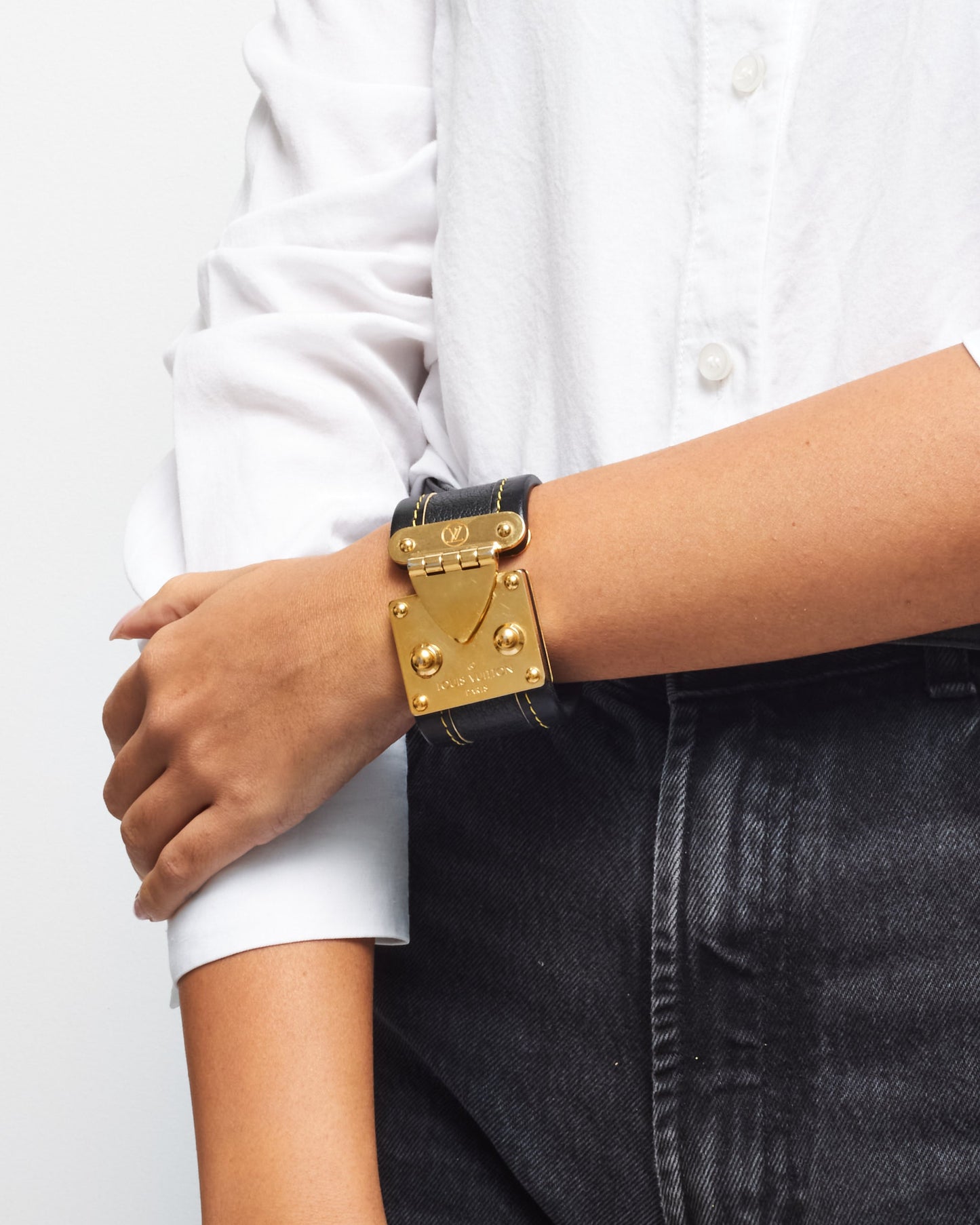 Louis Vuitton Black Suhali Leather S Lock Gold Cuff