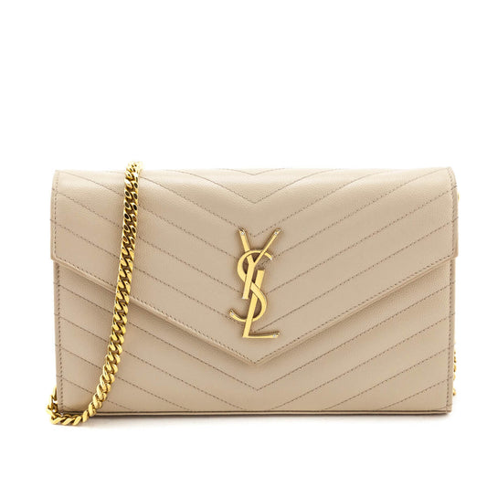 Luxury Saint Laurent Trending 2026 Beige Grain De Poudre Matelasse Chevron Monogram Chain Wallet