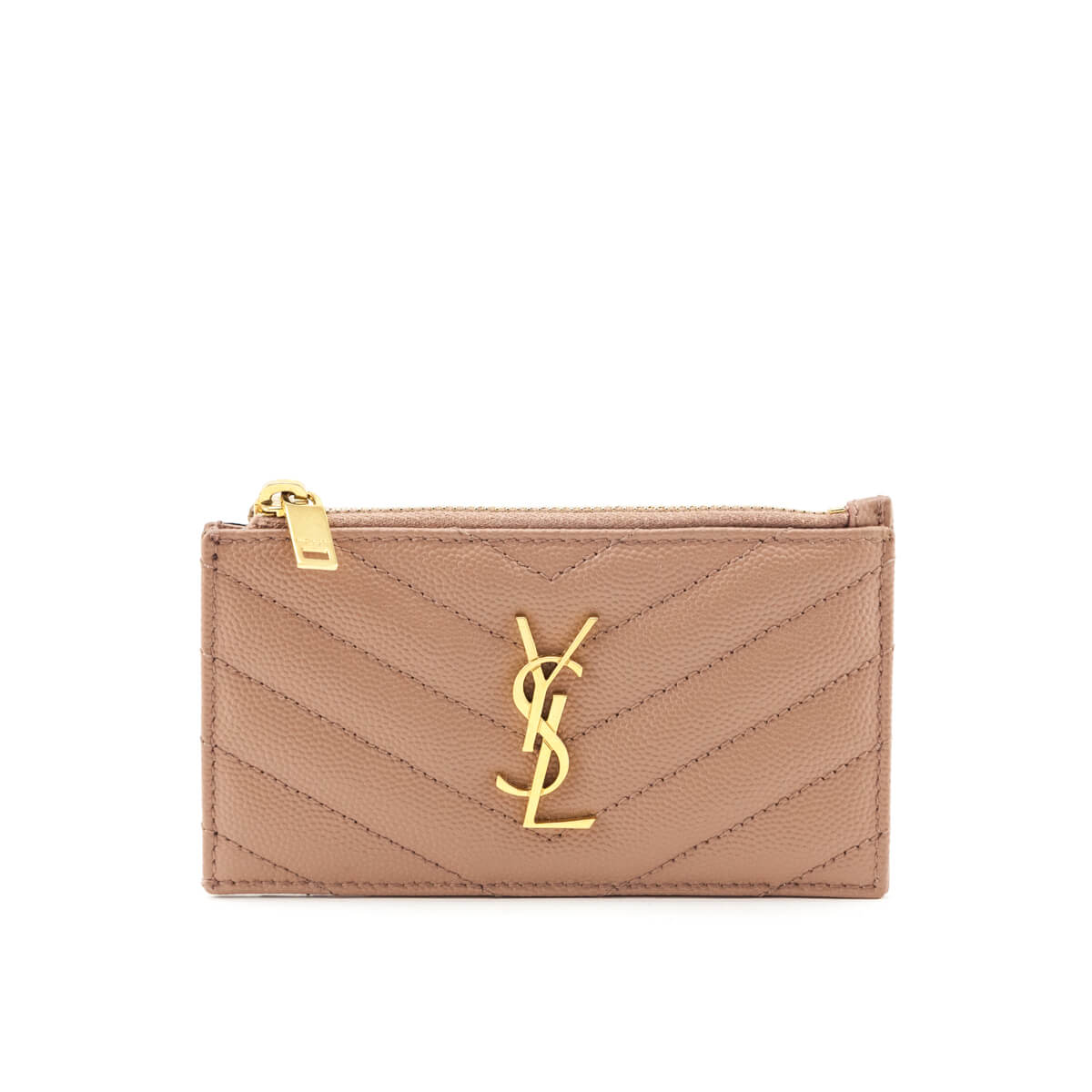 Luxury Saint Laurent Trending 2026 Beige Grain De Poudre Matelasse Chevron Monogram Fragments Zippered Card Case