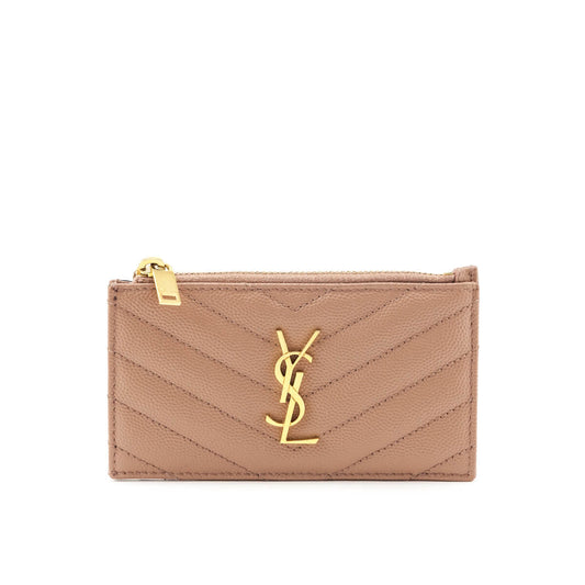 Luxury Saint Laurent Trending 2026 Beige Grain De Poudre Matelasse Chevron Monogram Fragments Zippered Card Case