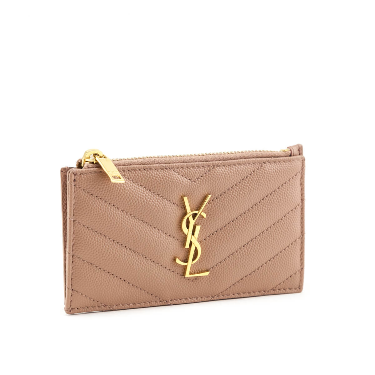 Luxury Saint Laurent Trending 2026 Beige Grain De Poudre Matelasse Chevron Monogram Fragments Zippered Card Case