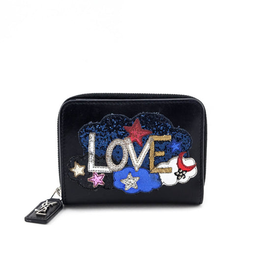 Luxury Saint Laurent Trending 2026 Black Calfskin Love Patch Zipped Compact Wallet