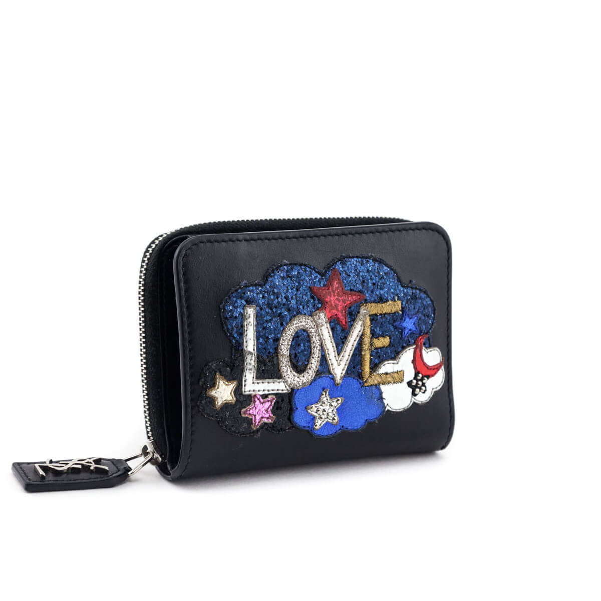 Luxury Saint Laurent Trending 2026 Black Calfskin Love Patch Zipped Compact Wallet