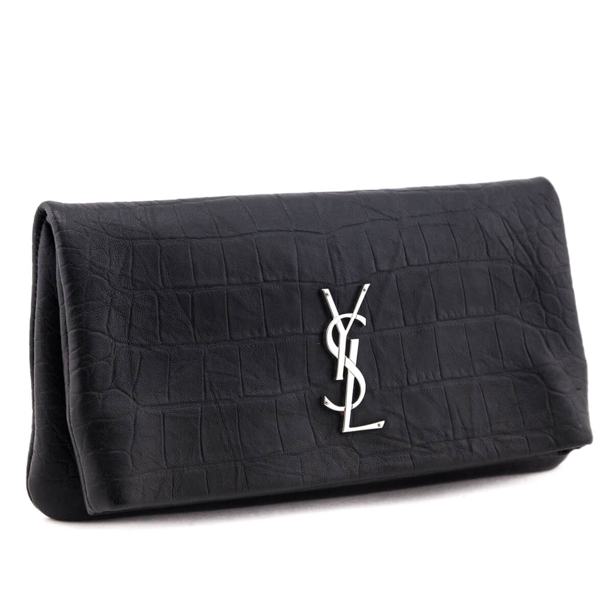 Luxury Saint Laurent Trending 2025 Black Crocodile-Embossed Calfskin Clutch