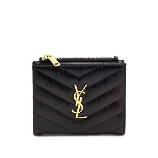 Luxury Saint Laurent Trending 2026 Black Grain De Poudre Matelasse Chevron Cassandre Bi-Fold Wallet