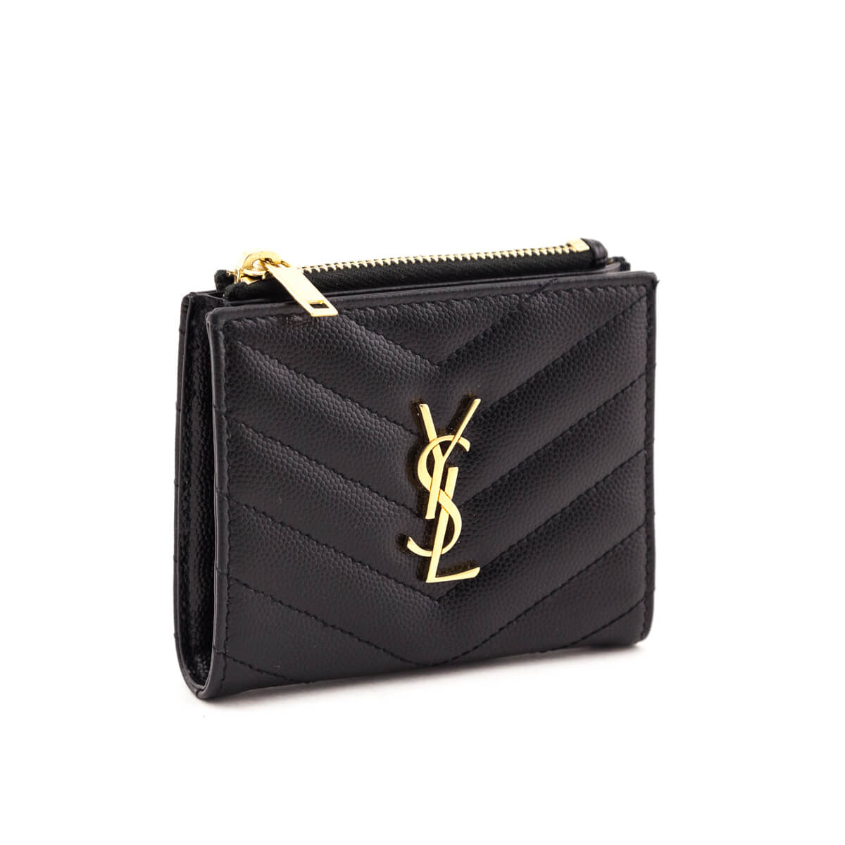 Luxury Saint Laurent Trending 2026 Black Grain De Poudre Matelasse Chevron Cassandre Bi-Fold Wallet