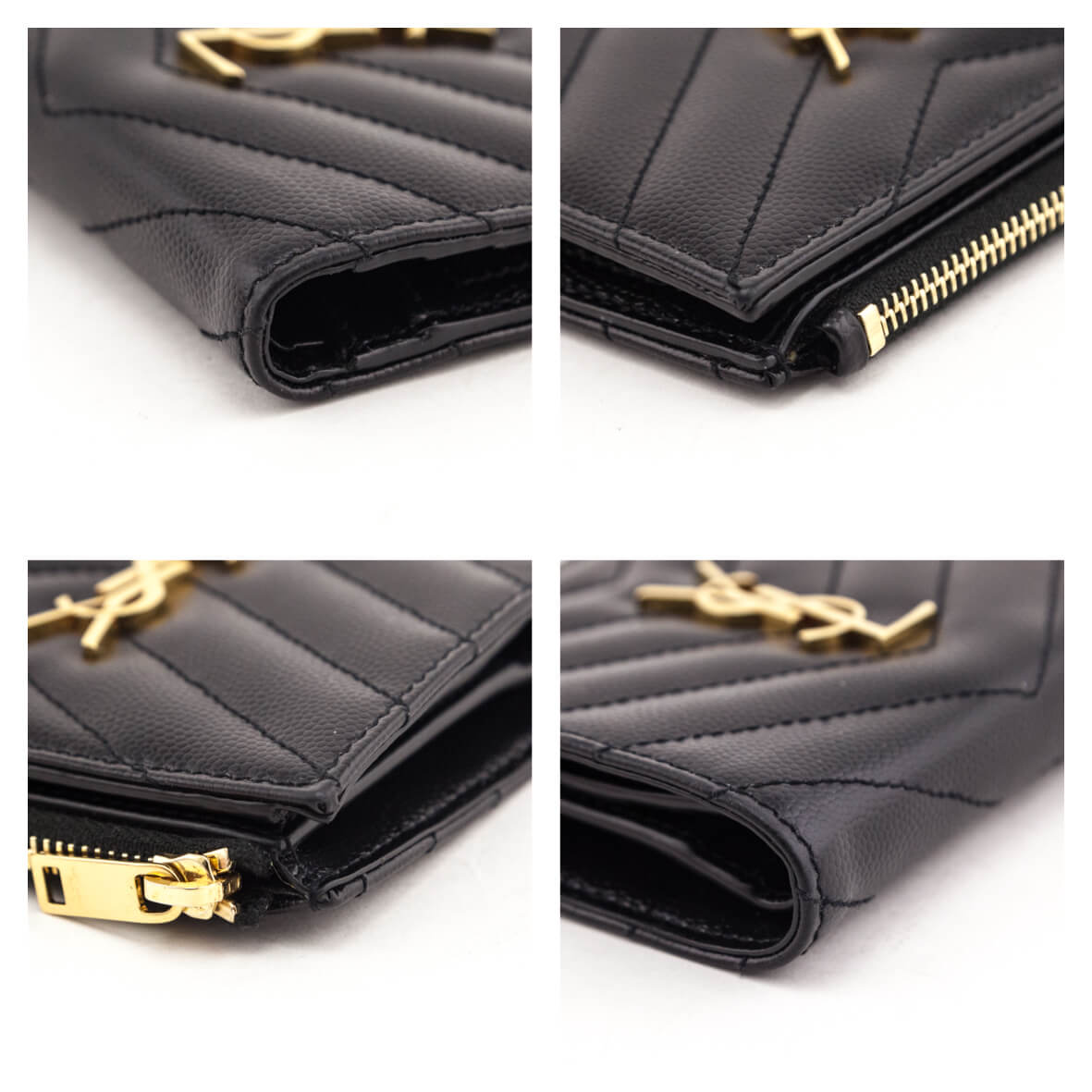 Luxury Saint Laurent Trending 2026 Black Grain De Poudre Matelasse Chevron Cassandre Bi-Fold Wallet