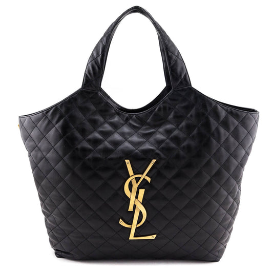 Luxury Saint Laurent Trending 2026 Black Lambskin Quilted Maxi Icare Shopping Tote