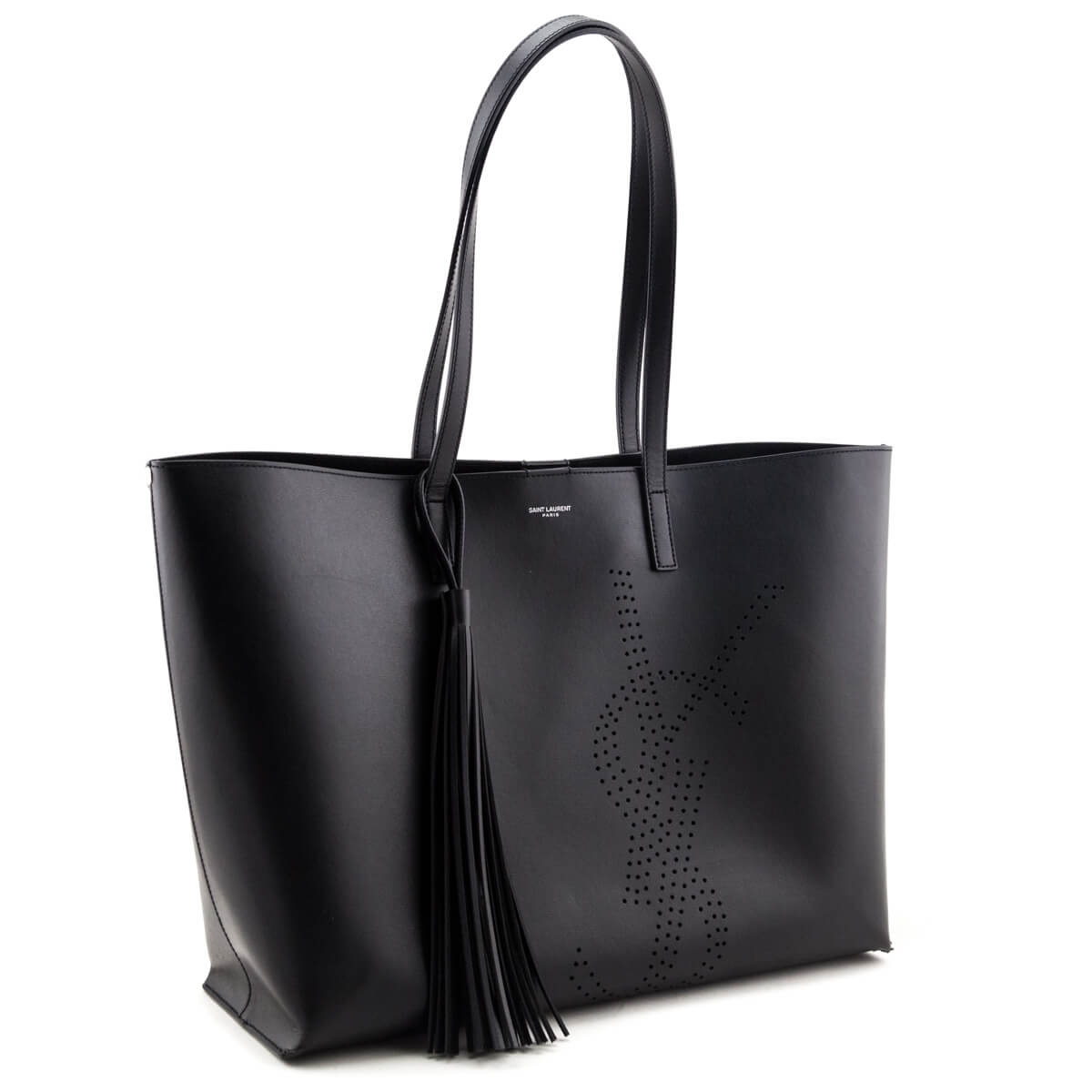 Luxury Saint Laurent Trending 2025 Black Perforated Leather E/W Shopper Tote