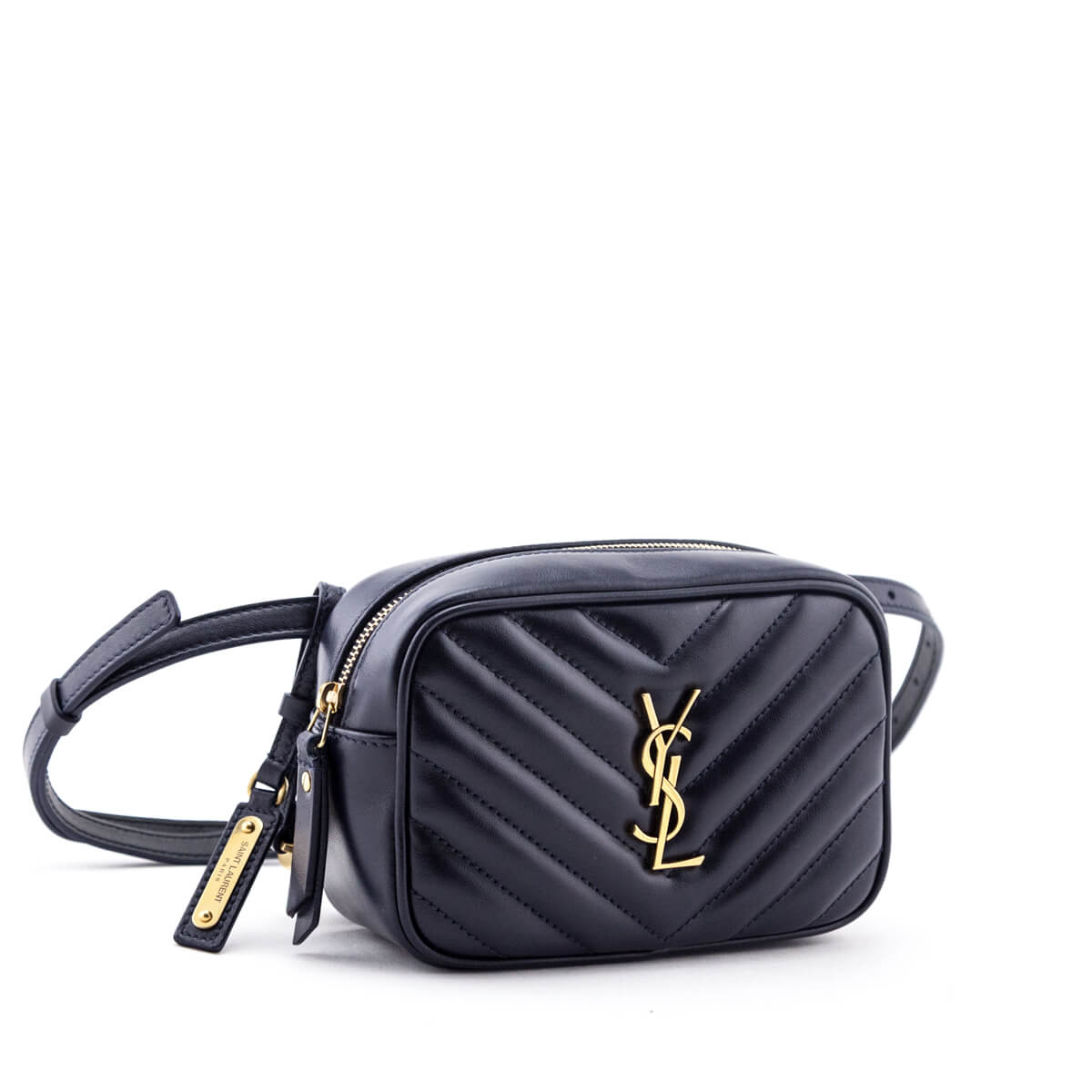 Luxury Saint Laurent Trending 2025 Navy Quilted Chevron Calfskin Lou Belt Bag