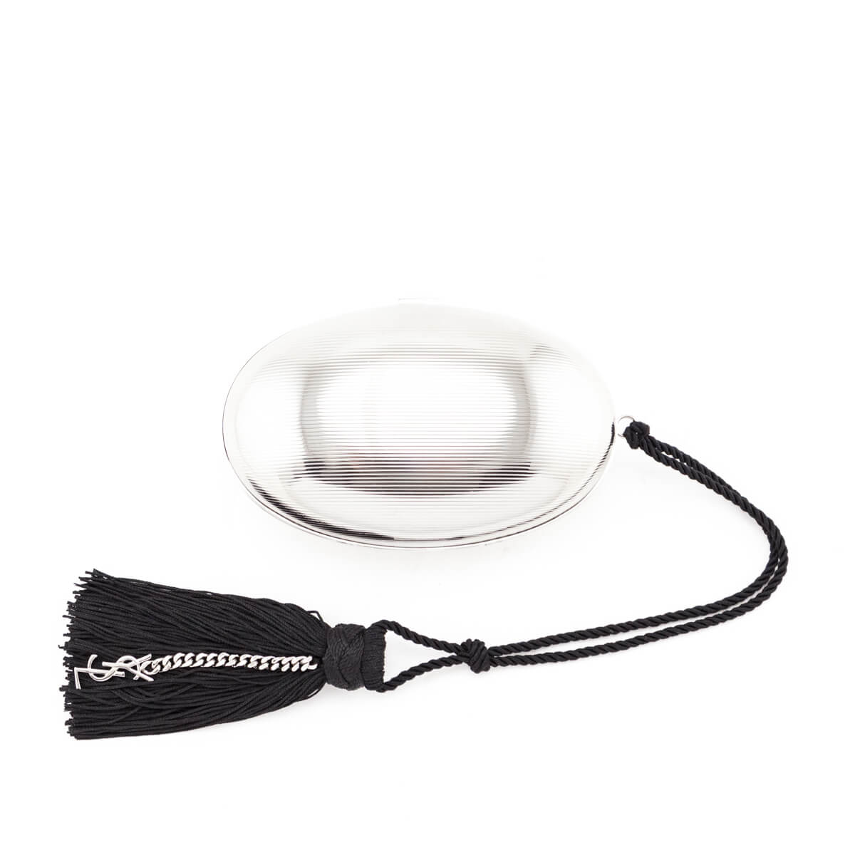 Luxury Saint Laurent Trending 2026 Silver Brass Oval Logo Minaudiere