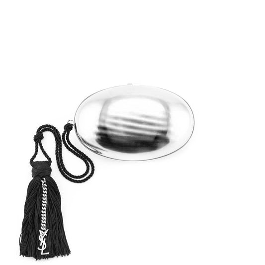 Luxury Saint Laurent Trending 2026 Silver Brass Oval Logo Minaudiere