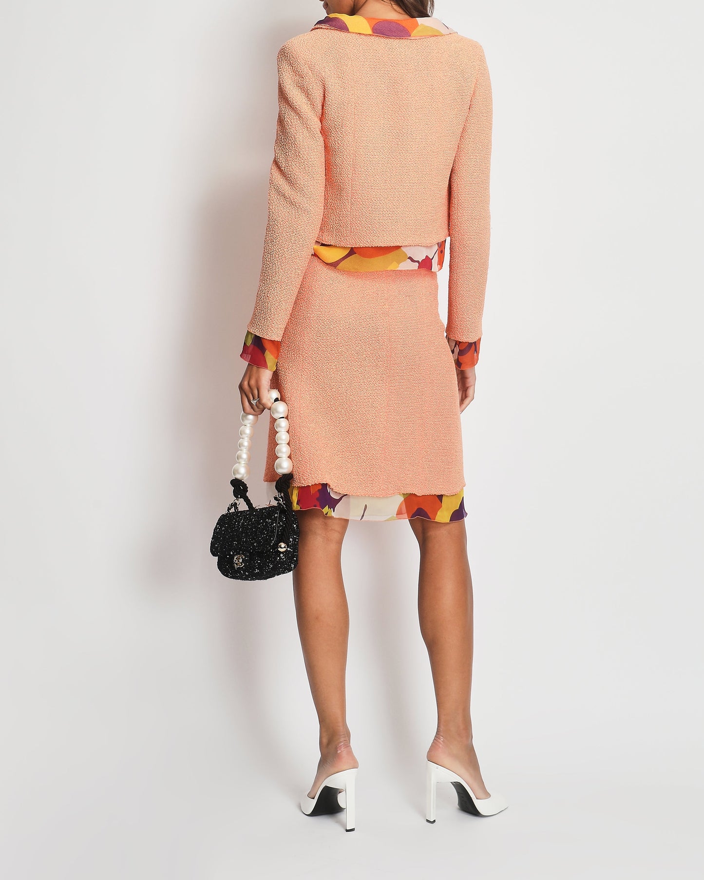 *FIRE PRICE* Chanel Peach Three Piece Set with Multicoloured Silk Trim and Shoulder Pad Detailing FR 38 (UK 10) Shoulder Bag