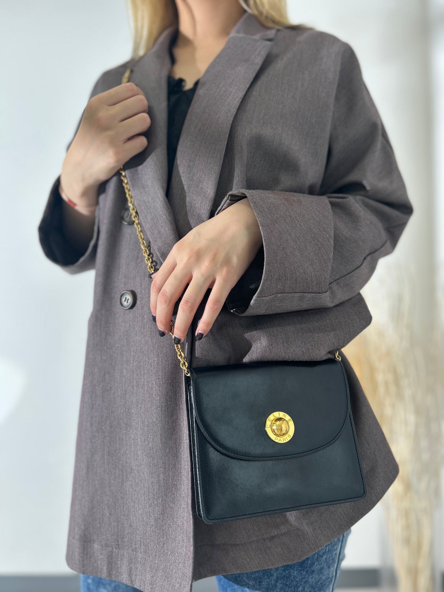 CELINE Starball Leather Chain Shoulder bag Black abwxxg