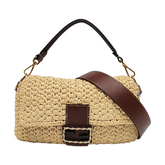 Fendi Baguette Medium Beige Raffia Brown Leather Crossbody Bag