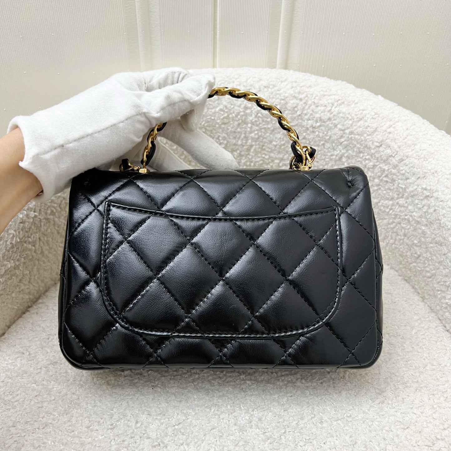 Chanel 23S Top Handle Small / Mini 21cm Flap in Black Lambskin and Shiny GHW Handbag