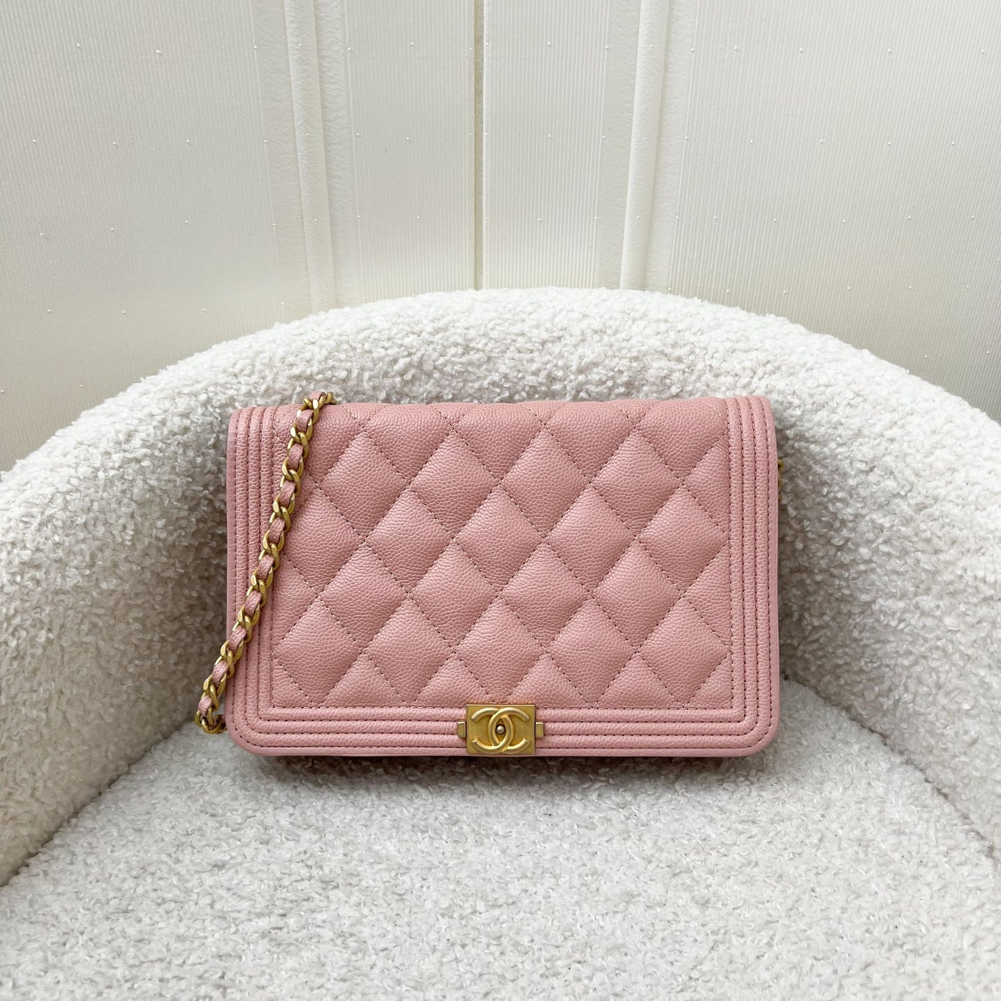 Chanel Boy Wallet on Chain WOC in Light Pink Caviar and AGHW Crossbody
