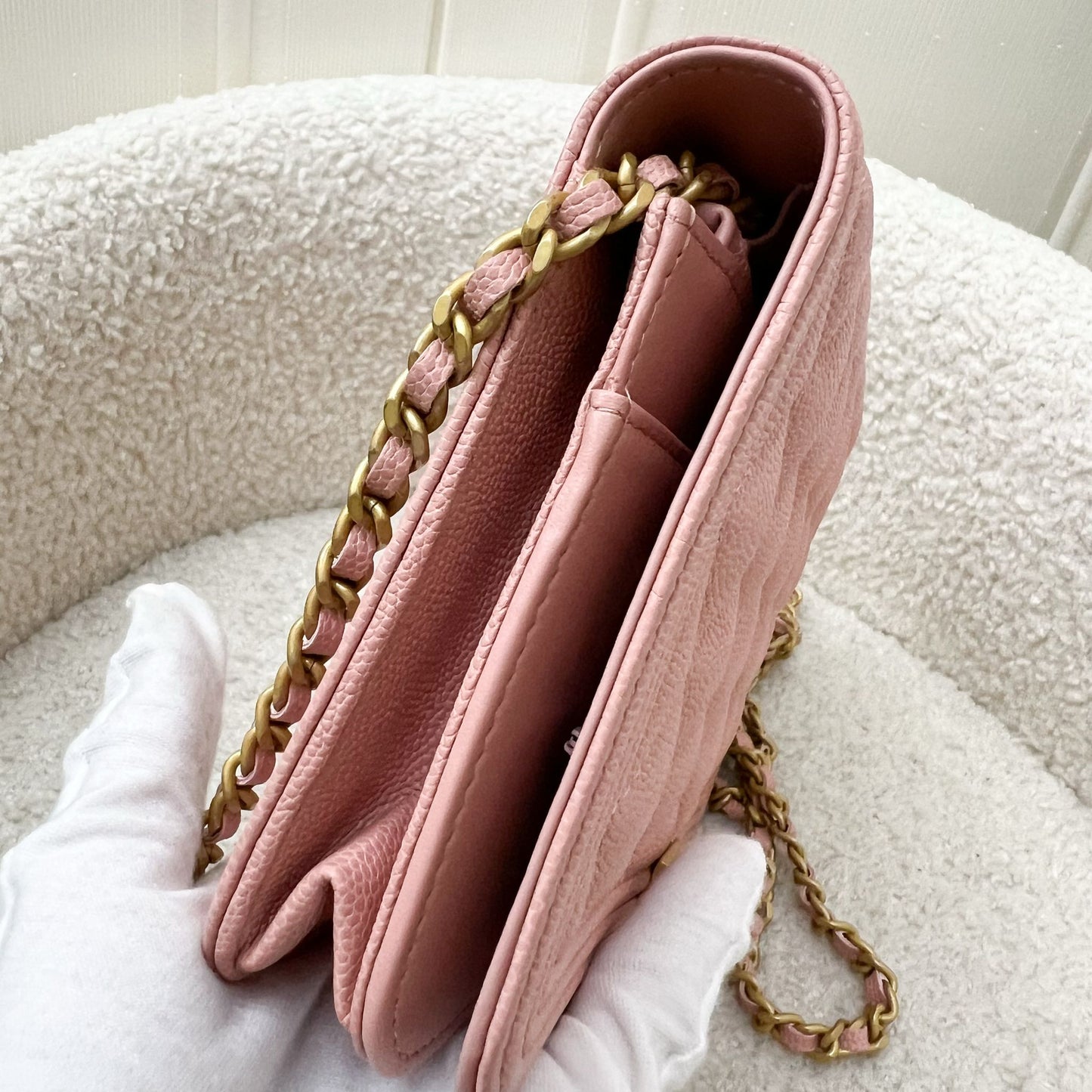 Chanel Boy Wallet on Chain WOC in Light Pink Caviar and AGHW Crossbody