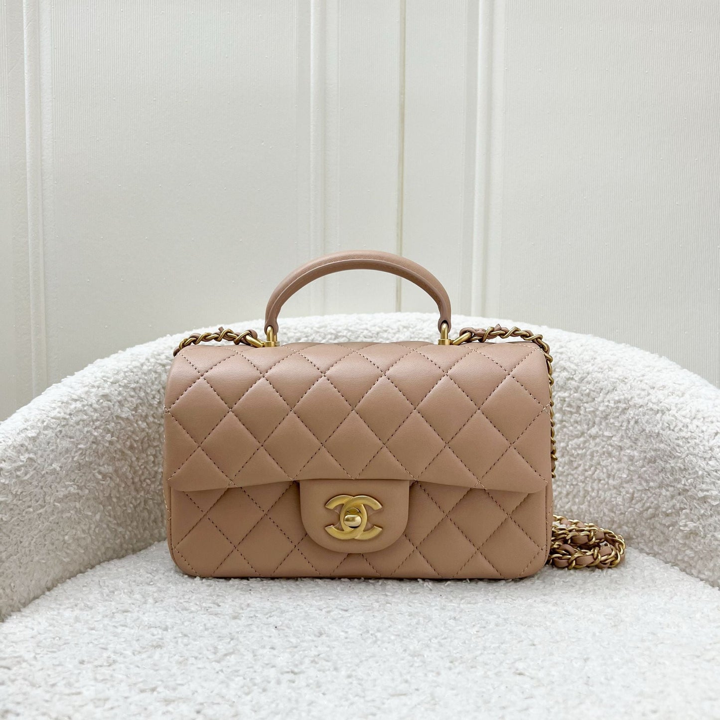 Chanel Top Handle Mini Rectangle Flap in 21A Rose Beige Lambskin in AGHW Handbag