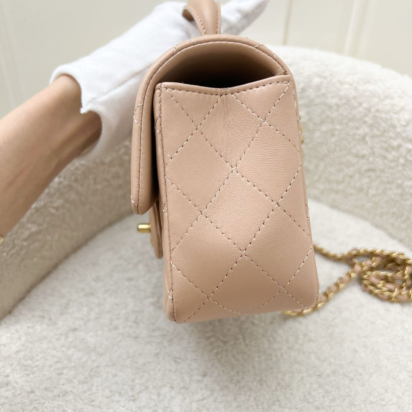 Chanel Top Handle Mini Rectangle Flap in 21A Rose Beige Lambskin in AGHW Handbag
