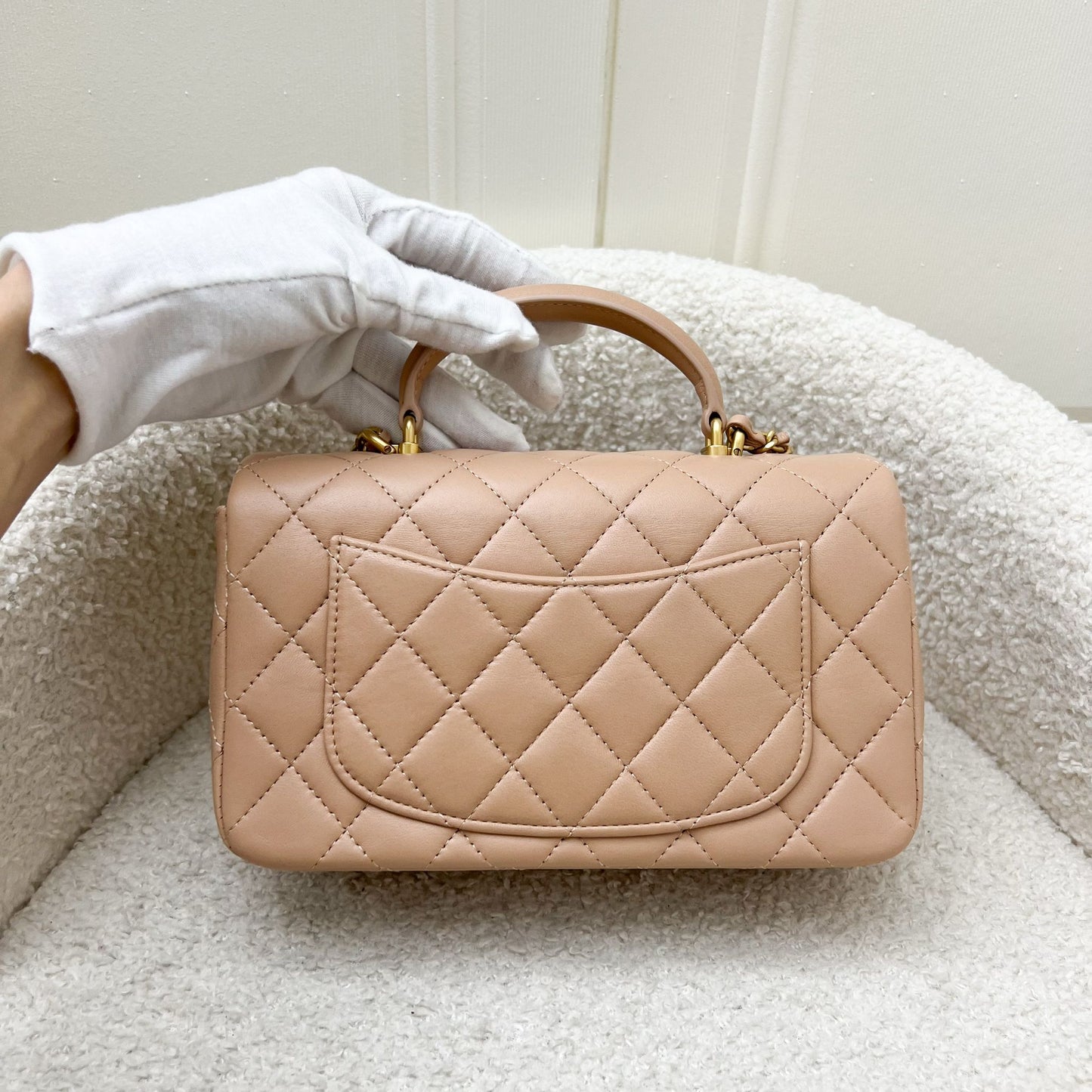 Chanel Top Handle Mini Rectangle Flap in 21A Rose Beige Lambskin in AGHW Handbag
