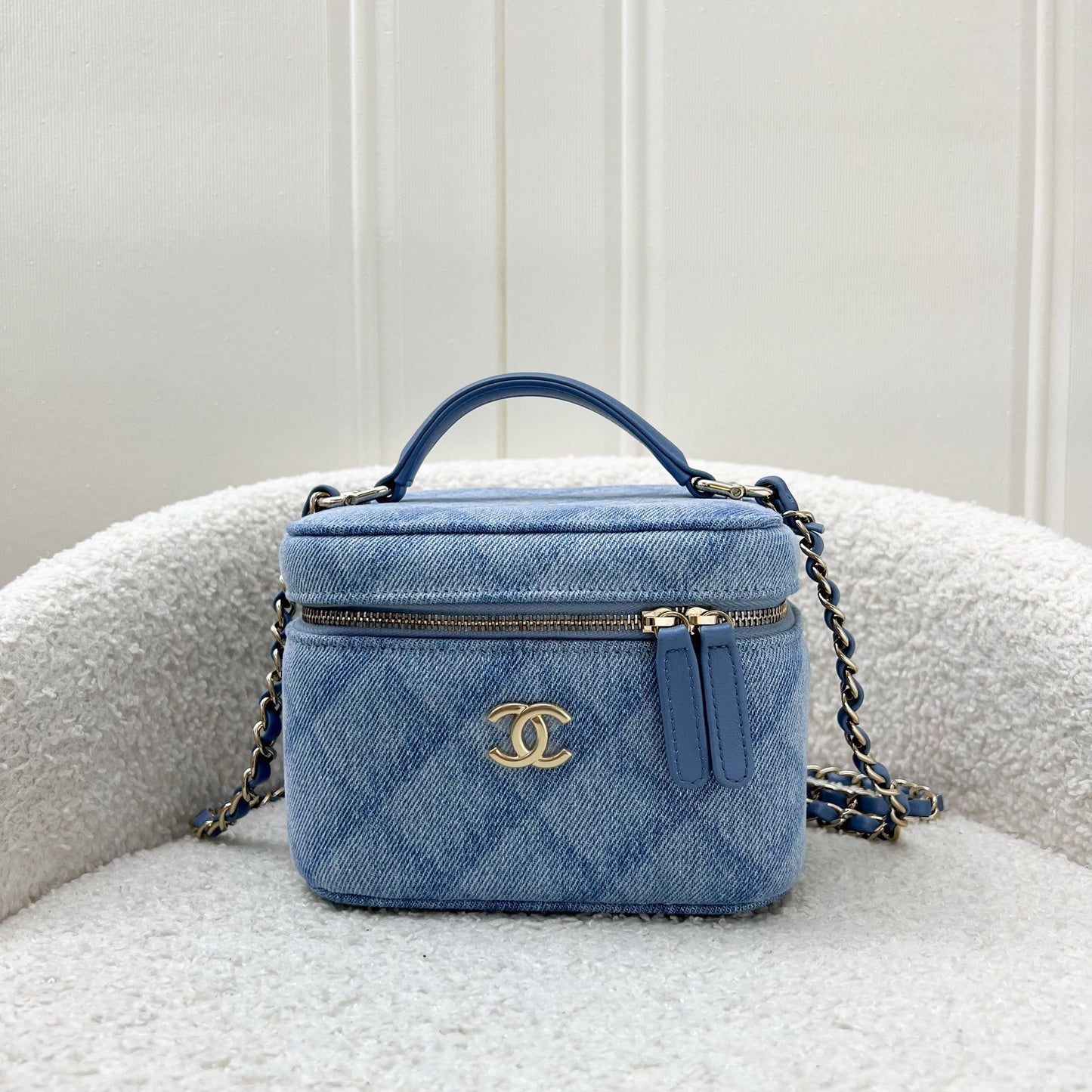 Chanel 22B Cheer for Chanel Vanity Case with Top Handle in Light Blue Fabric and AGHW Handbag