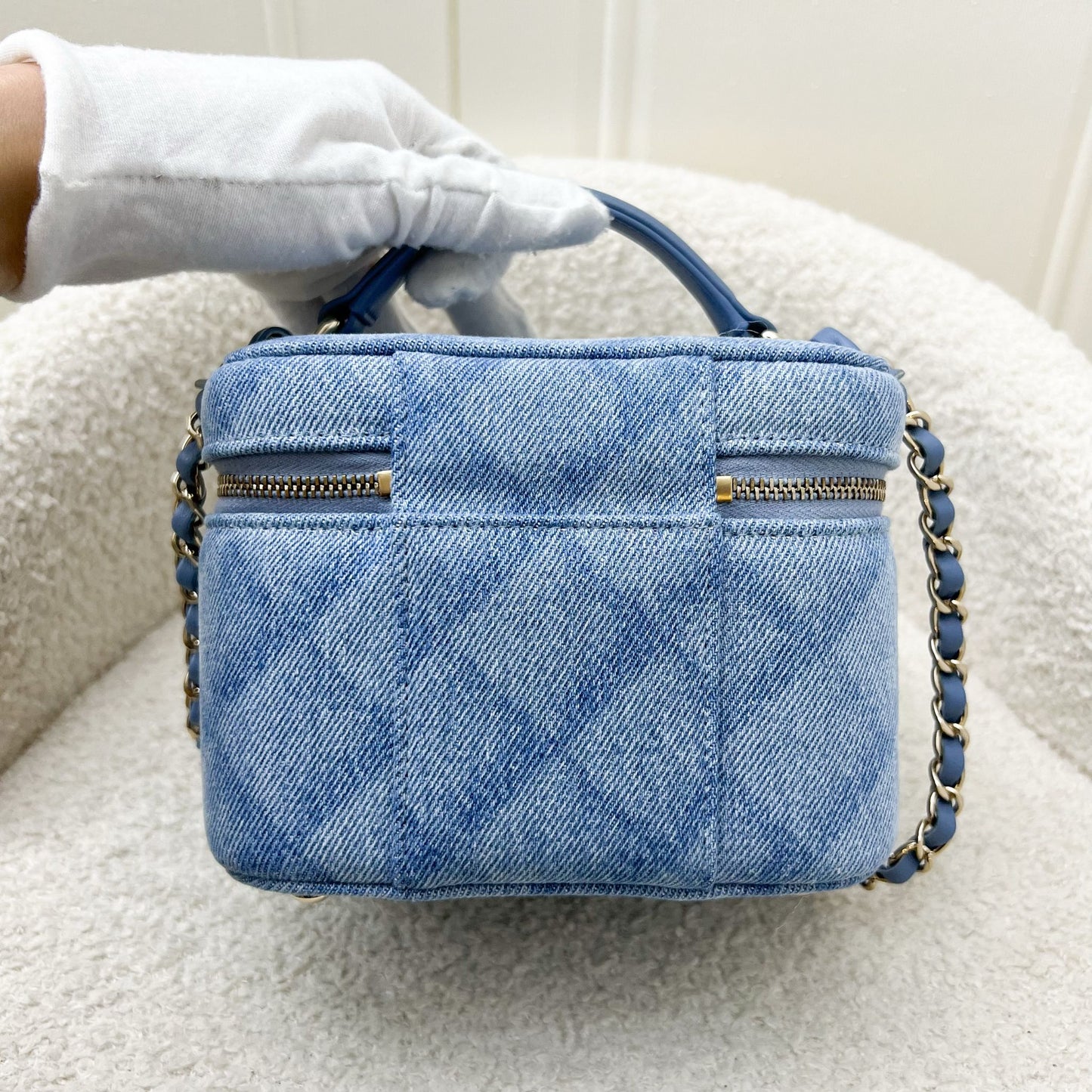 Chanel 22B Cheer for Chanel Vanity Case with Top Handle in Light Blue Fabric and AGHW Handbag