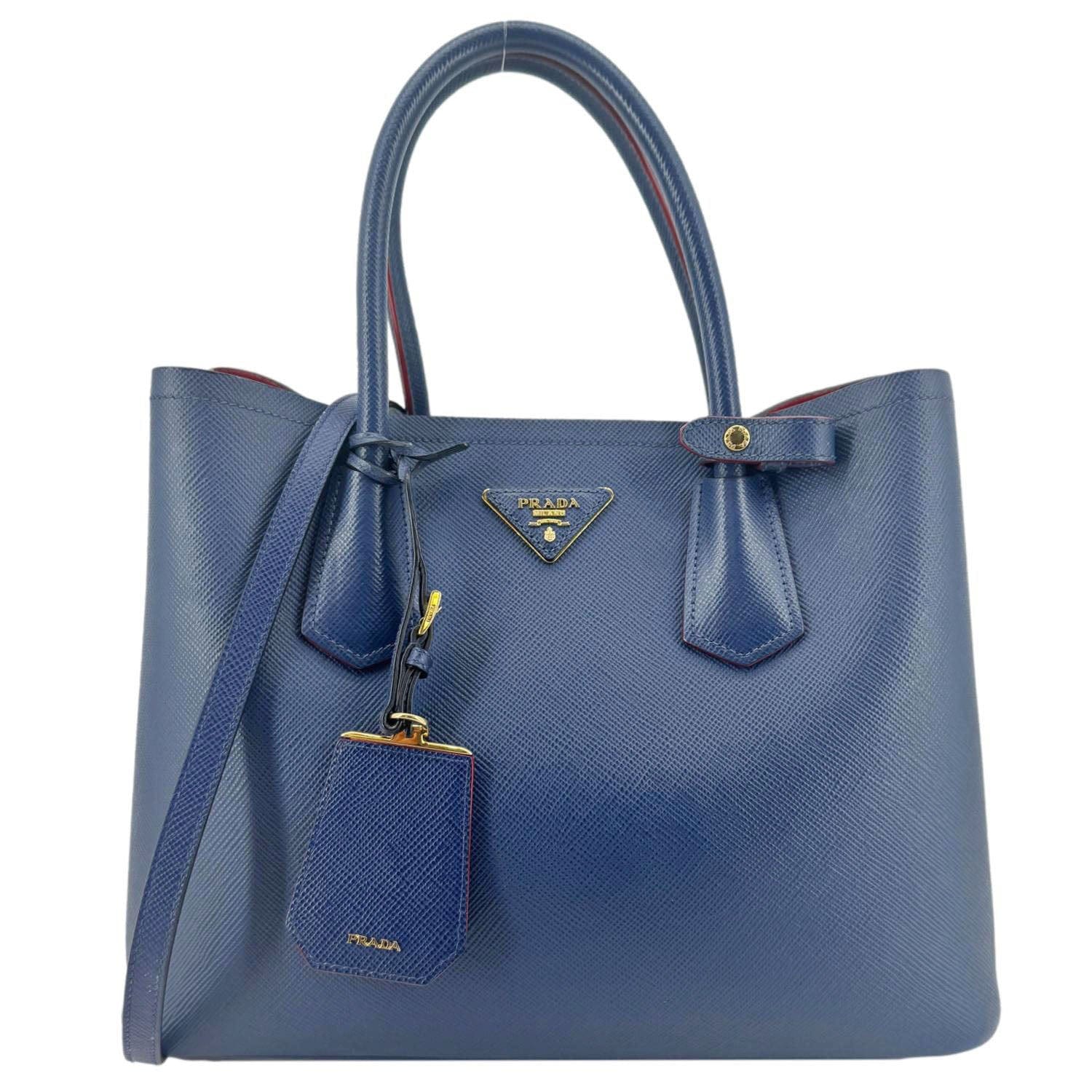 PRADA Double Handle Medium Saffiano Leather Shoulder Bag Navy Blue