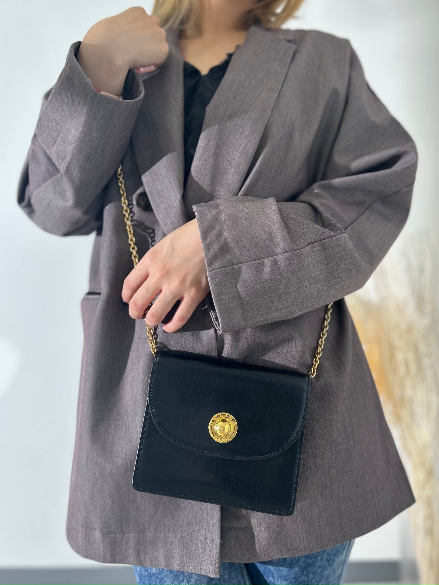 CELINE Starball Leather Chain Shoulder bag Black abwxxg